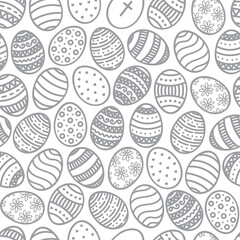 Vector Doodle Easter Eggs seamless pattern. Cartoon hand drawn traditional religious Holiday symbols. Cute grey white background, backdrop for design print, wrapping paper, packaging, textile