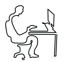One line drawing of male using laptop.
One continuous line drawing of male working in office.
