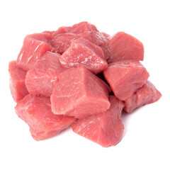 Raw chopped beef meat pieces isolated om white background cut out.
