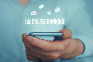 Abstract icons of online banking over hand with smartphone