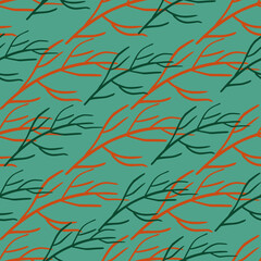 Nature seamless minimalistic autumn pattern with doodle branches shapes. Turquoise background.