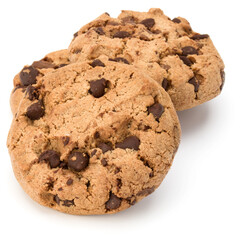 Three Chocolate chip cookies isolated on white background. Sweet biscuits. Homemade pastry.