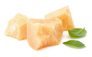 shredded parmesan cheese and basil leaf isolated on white background cutout