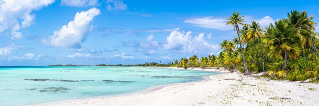 Panoramic view of a tropical beach on Tikehau, Tuamotu Archipelago, French Polynesia