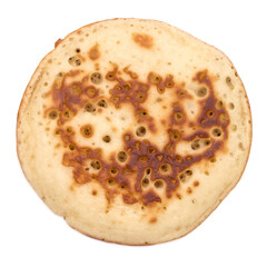 One pancake isolated on white background cutout. Top view.