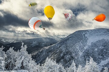 the balloon flies against the wind. weather in the mountains worsens