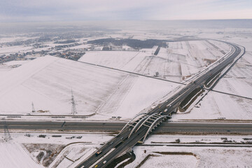 Aerial drone photography of the freeway in central europe during winter season. 