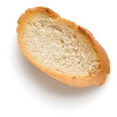 Toasted baguette slice isolated on white background close up.  Toast, crouton.   Top view.