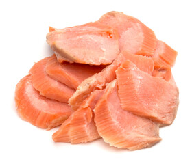 smoked salmon segments isolated on white background cutout. Prepared fish fillet fibres.