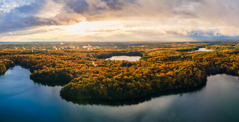 Awesome autumn sunset over Pete’s Lake Campground in the Hiawatha National Forest – Michigan Upper Peninsula – aerial view
