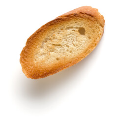 Toasted baguette slice isolated on white background close up.  Toast, crouton.   Top view.
