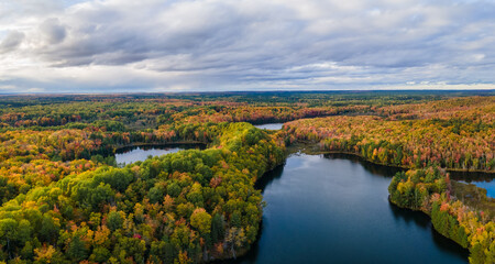 Nice autumn late evening over Lion Lake in the Hiawatha National Forest – Michigan Upper Peninsula – aerial view