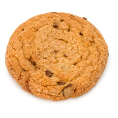 One Chocolate chip cookie isolated on white background. Sweet biscuit. Homemade pastry.