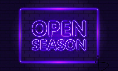 Neon sign open season in a squared on brick wall background. Purple. Vector