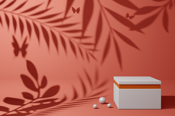 Empty display product presentation with shadow leaves, Empty showcase, 3d rendering.