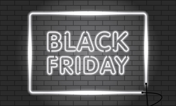 Neon dark web banner for Black Friday sale. Modern neon black and white billboard on brick wall. Concept of advertising for seasonal offer with glowing neon text