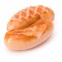 Two grilled sausages isolated on white background cutout