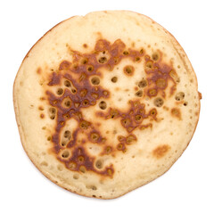 One pancake isolated on white background cutout. Top view.