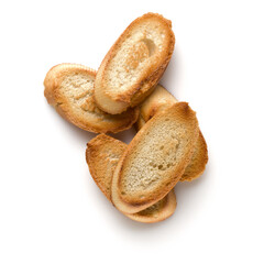 Toasted baguette slices isolated on white background close up.  Toast, crouton.   Top view.