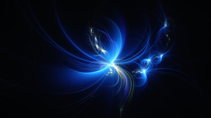 Abstract background, smooth blue lines on a black background.