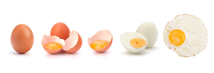 Set of fresh raw, boiled and fried eggs isolated on white background. Protein food.