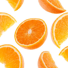 Orange fruit seamless pattern. Orange segments isolated on white background. Food background.