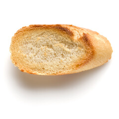 Toasted baguette slice isolated on white background close up.  Toast, crouton.   Top view.