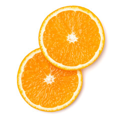 Orange fruit slice  isolated on white background closeup. Food background. Flat lay, top view.