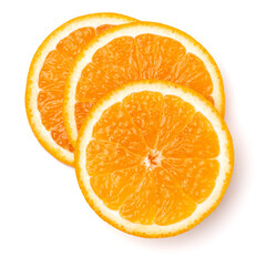 Orange fruit slice  isolated on white background closeup. Food background. Flat lay, top view.