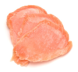 smoked salmon segments isolated on white background cutout. Prepared fish fillet fibres.