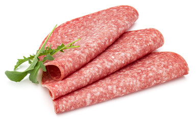 Salami smoked sausage slices isolated on white background