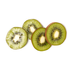 Fototapeta premium kiwi fruit slices isolated on white background closeup. Kiwifruit slices flatlay. Flat lay, top view.