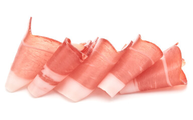 Italian prosciutto crudo or jamon. Raw ham. Isolated on white background