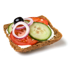 Open faced sandwich crostini isolated on white background closeup. Vegetarian canape with tomato and cucumber. Appetizer tartarine.