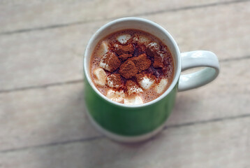 A cup of hot chocolate with tiny marshmallows