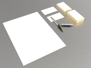 3d Render of Branding Mockup with Fountain Pen on Textured Metallic Beige Background with Gold Edge in Angle View