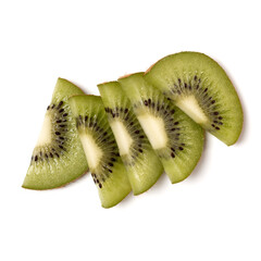 Fototapeta na wymiar kiwi fruit slices isolated on white background closeup. Half of kiwi slice. Kiwifruit slice, flatlay. Flat lay, top view.