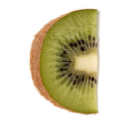 One kiwi fruit slice isolated on white background closeup. Segment of kiwi slicel,  flatlay. Flat lay, top view.