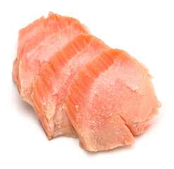 smoked salmon segments isolated on white background cutout. Prepared fish fillet fibres.