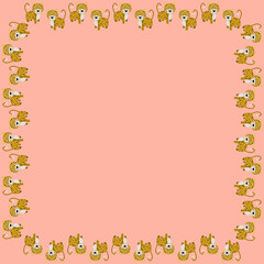 Square frame of cute cartoon stylized leopards. Wild animals living in the jungle on a pink background. For nursery and baby shower decor, invitation, banner, greeting card. Vector.