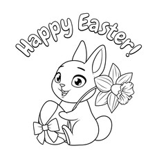 Cute bunny holding egg and daffodil. Happy Easter greeting cartoon vector coloring page.