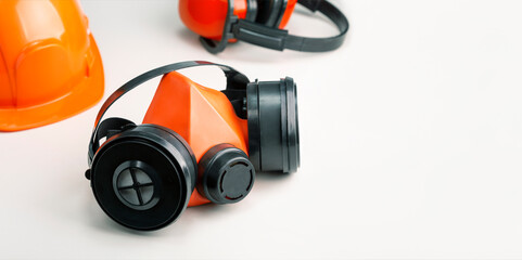 Fototapeta premium Composition with safety equipment on grey background and place for text.