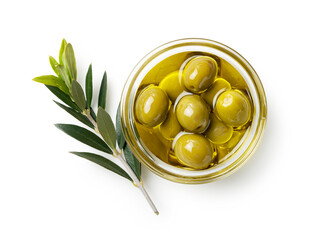 Olive nuts and olive oil in a bowl on a white background