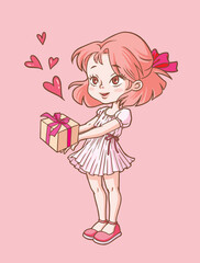 Vector illustration of a cute girl with present on her hand.