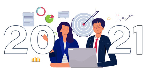 2021 business target concept men and women working together on laptop background of dart chart with cartoon flat style