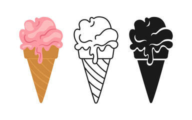 Strawberry ice cream cartoon set, line icon and black glyph style. Kawaii bright summer collection sweet food. Comic hand drawn sketch cute cone Ice cream. Isolated dessert vector illustration