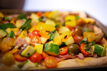 Homemade roasted vegetarian flatbread pizza, selective focus close-up