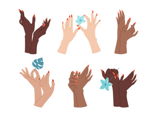 Female manicured nails hand set. Demonstration of manicure, multiracial arms with flowers. Manicure demonstration gesture. Flat skin care, different nations Spa beauty trendy vector illustration