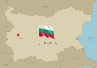 Highly detailed map of Bulgaria territory borders, East European country administrative map with Sofia capital city and waving national flag vector illustration