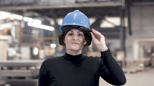 woman wearing industrial augmented reality goggles device
